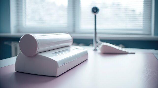 Professional pulmonologist consultation room with modern spirometer ready on clean counter, soft natural window light, shallow depth focusing on medical device, clinical sterile atmosphere