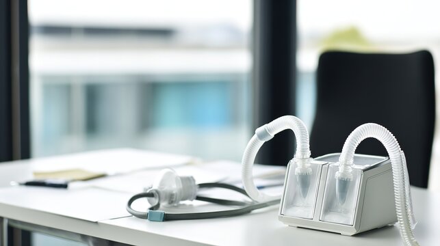 Modern spirometer in pulmonologist's consultation room on clean counter with soft natural light, shallow focus on medical device, clinical sterile atmosphere, professional medical photography