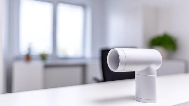 Modern spirometer ready for use in pulmonologist's consultation room, clean counter with soft window light, shallow depth focus, clinical sterile environment, professional medical stock