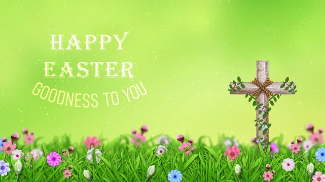 Beautiful springtime flowers surround a classic wooden crucifix in a field. Bright yellow text sends a warm message of goodness and hope for easter.