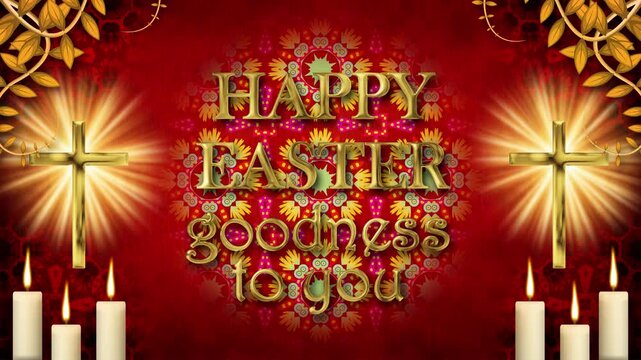 The elegant religious greeting stands out against the intricate red mandala. Two brightly glowing golden crosses and burning candles frame the message.
