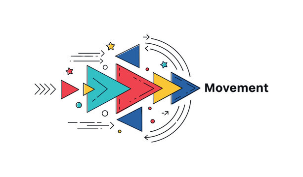Dynamic geometric motion concept showing staggered triangles and curved arcs forming directional flow. Subtle arrow hints and a ?Movement? caption create a