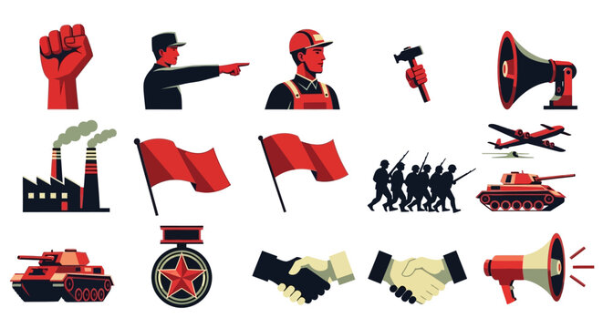Collection of communist and socialist symbols including workers, red flags, military vehicles, and industrial elements.