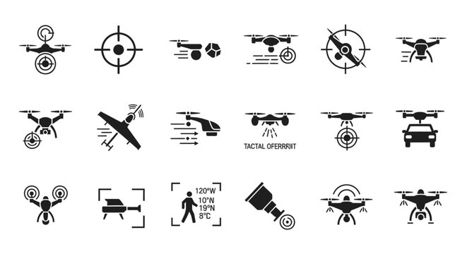 A comprehensive set of black and white vector icons depicting various drone types, surveillance systems, targeting mechanisms, and tactical applications in modern technology.