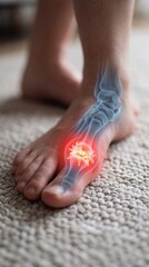 Naklejka premium Woman foot with highlighted inflamed joint. Medical illustration showing gout and arthritis symptoms. Digital visualization of bone inflammation and pain in toe for diagnostic healthcare concept.