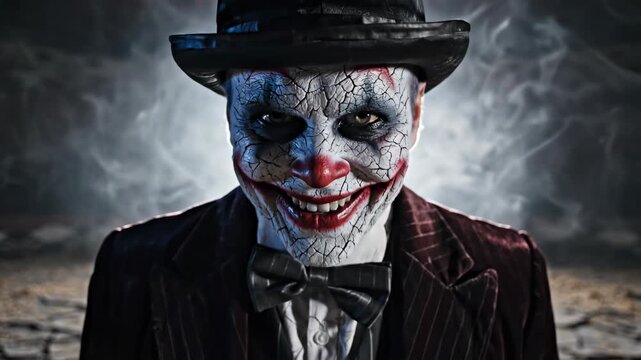 evil clown with cracked makeup and top hat standing in smoky circus arena. scary performer in vintage suit with red nose. horror halloween concept. nightmare monster, dry ground in background