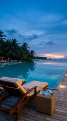 Fototapeta premium Luxury Infinity Pool at Sunset, Tropical Resort, Maldives Vacation, Beachfront Oasis, Serene Escape, Copy Space, Travel Destination, Relaxation