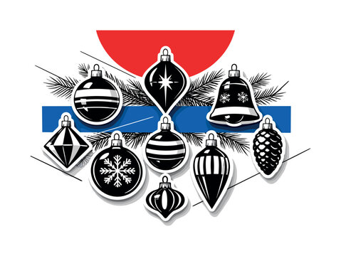 Black and white arrangement of multiple retro baubles in symmetrical layout, bold red circle partially cropped at the top, abstract blue rectangular strip