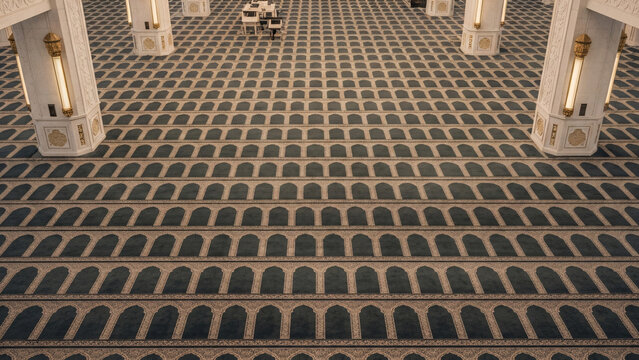 Top view inside a grand mosque, elegant prayer carpets arranged perfectly in rows