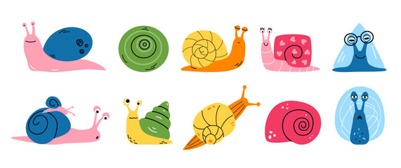 Obraz premium Set of cute snails in naive colorful style. Flat shapes and simple forms. Vector illustration of mollusks for childrens design, decor, patterns, stickers and educational materials.