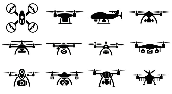 A collection of black silhouette icons depicting various types of drones and unmanned aerial vehicles, showcasing different designs and configurations.