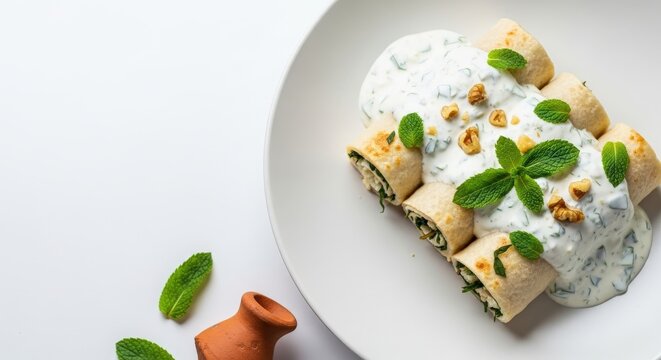 Authentic Georgian Gebjalia Cheese Rolls in Matsoni Sauce with Soft White Negative Space