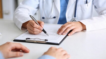 Fototapeta premium Close-up of a healthcare professional reviewing medical documents, emphasizing patient care and attention to detail in a clinical environment.