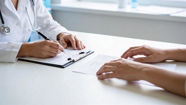 A healthcare scene featuring a doctor reviewing medical paperwork at a clinic desk, focused on the interaction between doctor and patient.
