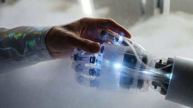 Human hand clasping a transparent glowing bionic prosthetic arm with luminous fiber filaments in a futuristic medical laboratory setting