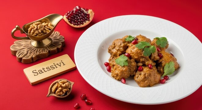 Authentic Georgian Satsivi Chicken in Walnut Sauce with Pomegranate and Brass Accents