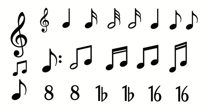 musical notes and symbols including treble clefs eighth notes and sixteenth notes for music education or graphic design.