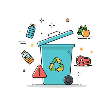 Avoiding common composting mistakes shown as a compost bin with a small warning symbol near inappropriate items like plastic and meat icons, expressing mindful