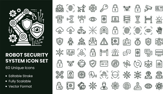 Robot security system line icon set with surveillance automation sensors cybersecurity and smart monitoring technology symbols