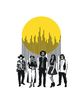 A realistic monochrome group of friends in eclectic festival outfits, combined with a large yellow half-circle behind them like a rising stage light and thin