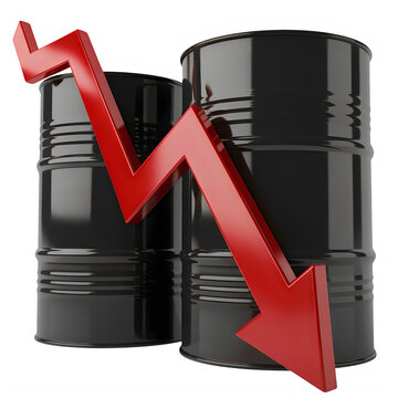 Oil barrels with a downward trend arrow isolated on transparent background isolated on transparent background