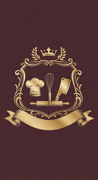 Golden Culinary Emblem with Chef Hat Whisk Rolling Pin and Cleaver.