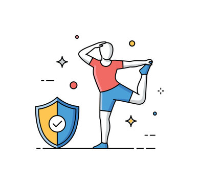 Sports recovery and injury prevention athlete silhouette stretching a leg beside a small shield icon with a checkmark, symbolizing proactive care and