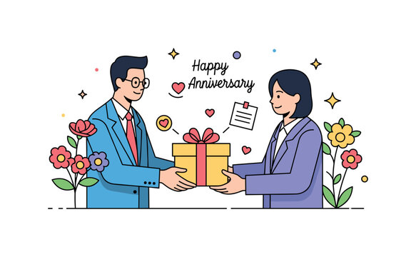 Anniversary gift exchange with a neatly wrapped present, flowers, and small heart-shaped notes, emphasizing thoughtfulness and affection. Minimalist flat