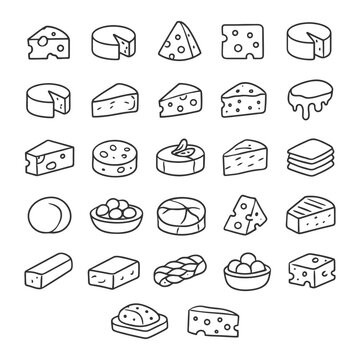 Vector icons collection of various cheese types in line art style.