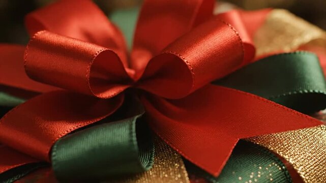 Close up of festive red and green bow made of satin ribbons