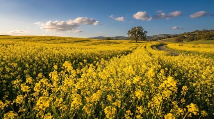 Obraz premium Vibrant spring landscape of blooming yellow mustard wildflowers in a vast field under a blue sky [with copy space] 
