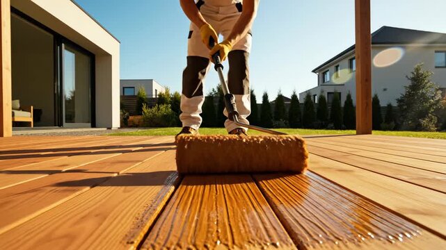 caucasian worker applying protective oil on wooden deck surface with roller. home terrace renovation and maintenance. exterior floor painting in backyard. construction and improvement.
