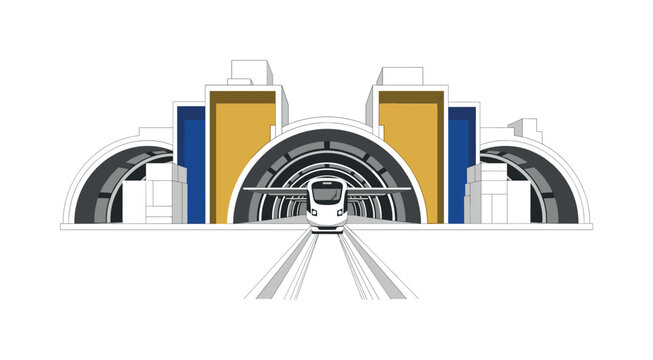 A monochrome futuristic train station rendered with clean geometric blocks and semicircular roof shapes, sleek train centered beneath, flat contrasting color