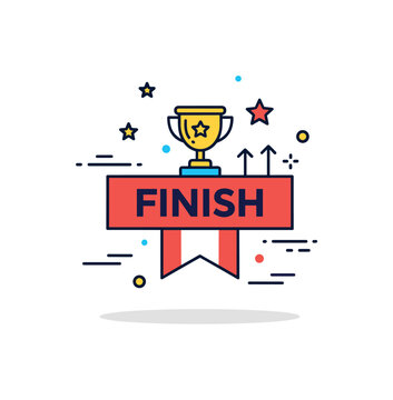 Goal completion badge showing a bold finish stripe paired with a trophy icon and subtle upward motion accents, symbolizing successful ending of a challenge.