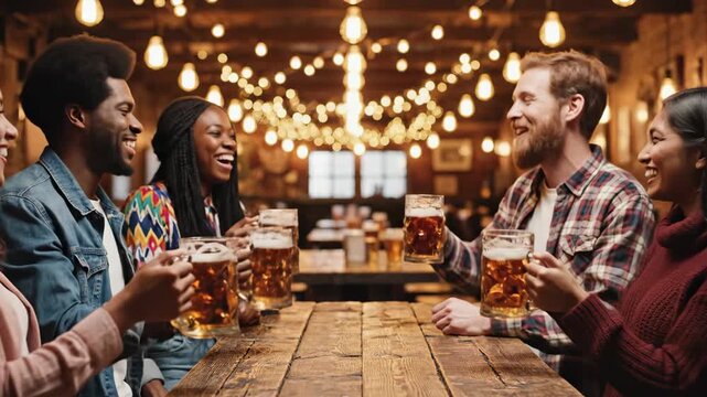 group of happy friends toasting with beer mugs in bar. african american, caucasian, asian and indian people drinking alcohol in pub. nightlife, celebration, brewery party. social gathering, friendship