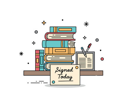 Indie bookstore signing featuring a cozy stack of books on a small counter with a handwritten Signed Today card placed in front, expressing authenticity and