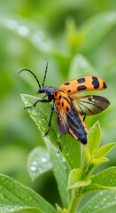 Obraz premium Orange and Black Moth on Leaf.