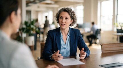 Naklejka na ściany i meble Financial expert advising a service firm client on credit line benefits for operational growth with the focus on the advisor and blurred business environment.