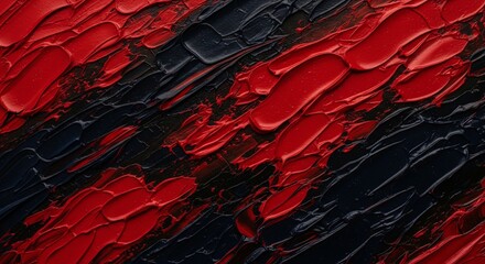Obraz premium Abstract background featuring thick, impasto brushstrokes of vibrant red and deep black oil paint. The texture is rich and directional, creating a sense of dynamic movement and artistic depth.