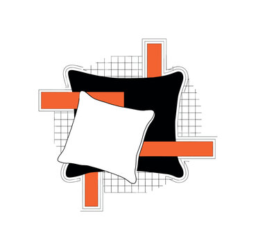 Black and white enlarged pillow partially cropped for dramatic composition, framed by bold orange rectangular bars and fine black grid lines suggesting balance