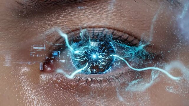 Futuristic Human Eye with Glowing Digital Data Streams, Network Connections and Holographic Interface 4K Cinematic
