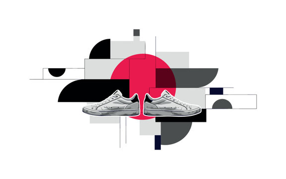 Black and white symmetrical composition of thirteen chairs aligned along a geometric table block, structured grid overlays and angular shards introducing