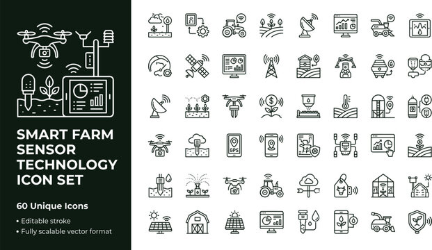 Smart farm sensor technology line icon set with agriculture monitoring drones IoT devices and precision farming symbols