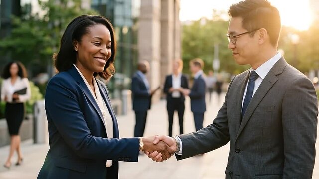 Ethical banking professionals handshake outdoors business district smiling colleagues celebrate networking success with diverse executives