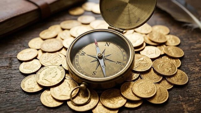 Vintage antique compass gold coin pile vintage navigation treasure compass coin gold guiding financial journey ethical banking timeless navigation