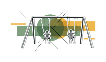 Obraz premium A monochrome swing set with a child mid-air, intersected by large flat circular shapes symbolizing motion and joy, abstract rectangular color blocks balancing