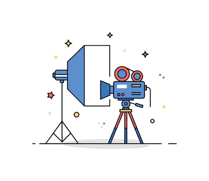 Cinematography setup illustrated by a professional camera on tripod paired with a softbox light and subtle sparkle accents to represent visual storytelling and