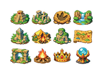 Fototapeta premium Lost world discovery. Colorful isometric vector icons set of Lost world discovery: hidden jungle temple, ancient city ruins, dinosaur footprint, secret valley,