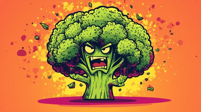 Angry broccoli head in a vibrant background, for illustration