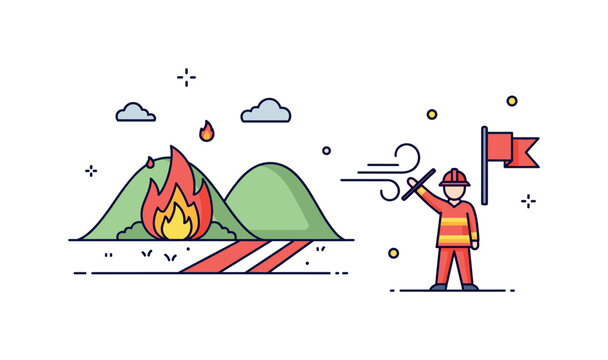 Land management controlled fire concept featuring a simple landscape with a marked burn zone and a firefighter monitoring wind direction with a small flag